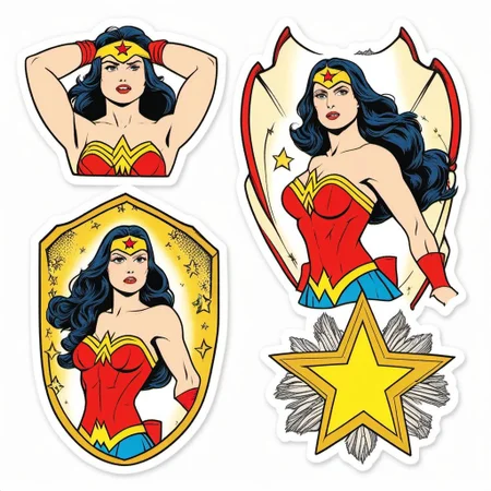 Wonderwoman StickerSheet <lora:SDXL-StickerSheet-Lora:1>, Very detailed, clean, high quality, sharp image, Saturno Butto