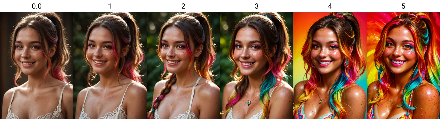Score_9,score_8_up,score_7_up, beautiful lady, (freckles), big smile, brown hazel eyes, Ponytail, makeup, hyperdetailed photography, soft light, head and shoulders portrait , colourful gradient hair, highlights,