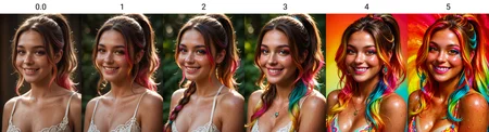 Score_9,score_8_up,score_7_up, beautiful lady, (freckles), big smile, brown hazel eyes, Ponytail, makeup, hyperdetailed photography, soft light, head and shoulders portrait , colourful gradient hair, highlights,