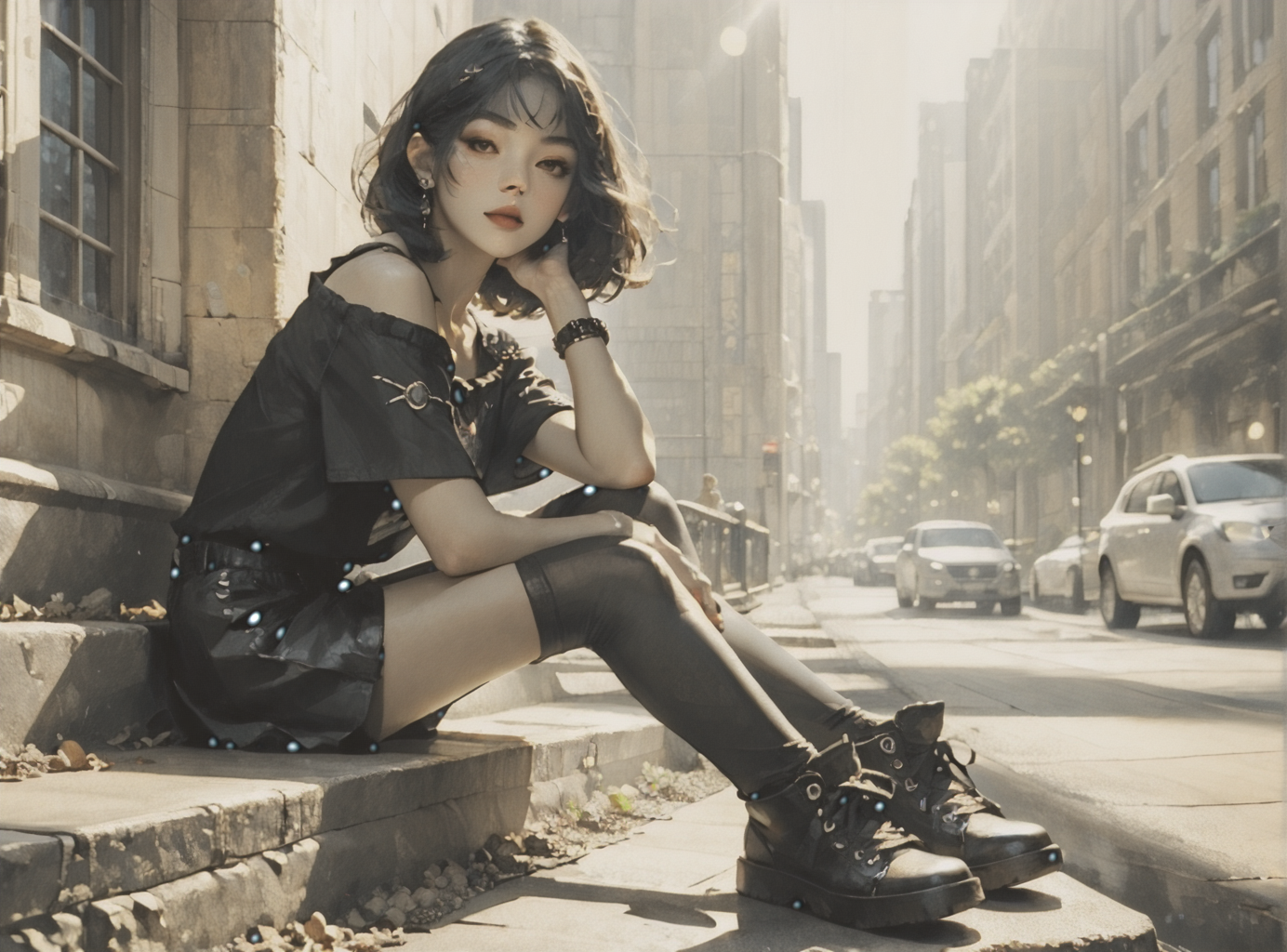 score_9, score_8_up, score_7_up, Environmental scene, character off to side, sitting in repose enjoying the view, 1girl, pale skin, medium breasts, <lora:sm0k3XLP:1>, <lora:goth_clothes:1>, goth casual clothes, jewelry, black stockings, black shorts, Shoulder length hair, unnatural haircolor, <lora:Our_Muted_Future_Style:1>,  <lora:0780 light rays_v1_pony:1> ruanyi0780, light rays, light, sunlight, sunbeam,