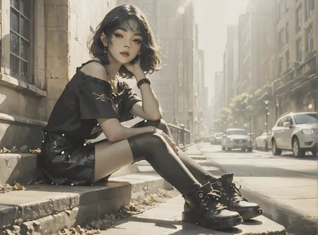 score_9, score_8_up, score_7_up, Environmental scene, character off to side, sitting in repose enjoying the view, 1girl, pale skin, medium breasts, <lora:sm0k3XLP:1>, <lora:goth_clothes:1>, goth casual clothes, jewelry, black stockings, black shorts, Shoulder length hair, unnatural haircolor, <lora:Our_Muted_Future_Style:1>, <lora:0780 light rays_v1_pony:1> ruanyi0780, light rays, light, sunlight, sunbeam,