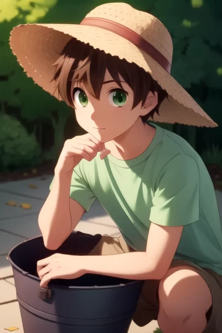 masterpiece, best quality, , 1boy, solo, male focus, looking at viewer, , depth of field, anime coloring, realistic, <lora:yuuta_togashi:0.80>, yuuta_togashi, brown hair, green eyes, , bucket hat, A dark, foreboding castle where a wicked queen reigns,