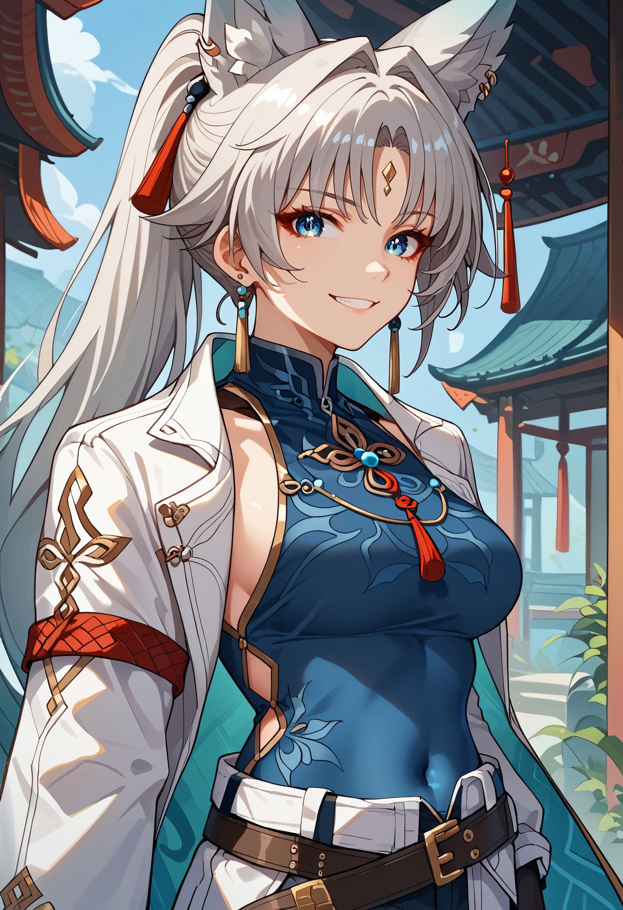 score_9,score_8_up,core_7_up, feixiao-hsr, 1girl, animal ears, solo, looking at viewer, gloves, blue eyes, breasts, fox ears, long hair, smile, jewelry, earrings, animal ear fluff, covered navel, belt, ponytail, bangs, facial mar <lora:feixiao_hsr_pdxl_goofy:1>