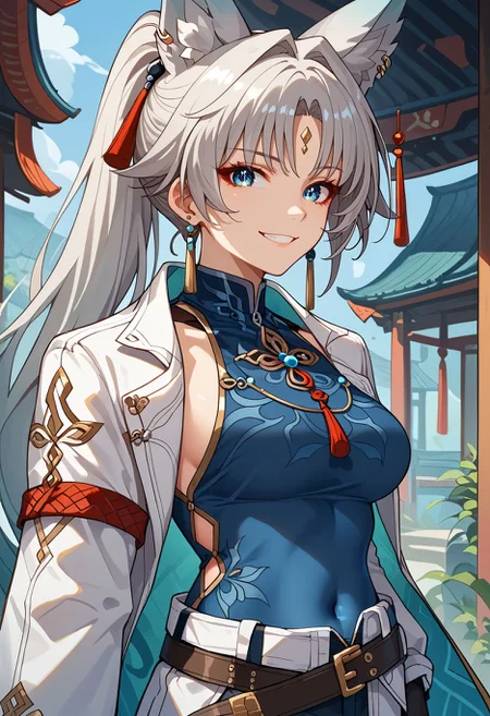 score_9,score_8_up,core_7_up, feixiao-hsr, 1girl, animal ears, solo, looking at viewer, gloves, blue eyes, breasts, fox ears, long hair, smile, jewelry, earrings, animal ear fluff, covered navel, belt, ponytail, bangs, facial mar <lora:feixiao_hsr_pdxl_goofy:1>