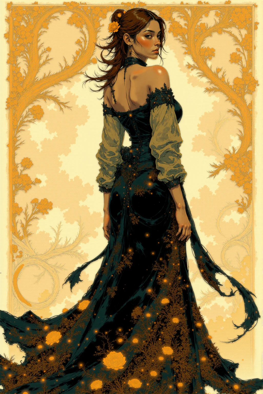 <lora:Fancha_style_v.5:0.90> Fancha style. This is a highly detailed, digital artwork featuring a slender yet feminine woman with an elegant, mysterious appearance. The woman is depicted in a dramatic, almost ethereal pose, looking over her shoulder with a gentle smile. She has long, wavy brown hair styled elegantly and adorned with a small, vibrant orange flower. Her skin has a smooth, glowing complexion, and she wears a stunning, off-the-shoulder gown that is predominantly black with intricate, golden floral patterns that shimmer and sparkle, giving it an almost iridescent quality. The dress is long and flowing, with a slight train that drapes elegantly behind her. The background is a rich, swirling pattern of gold and white, featuring ornate, swirling floral and leaf designs that evoke a sense of opulence and luxury.
