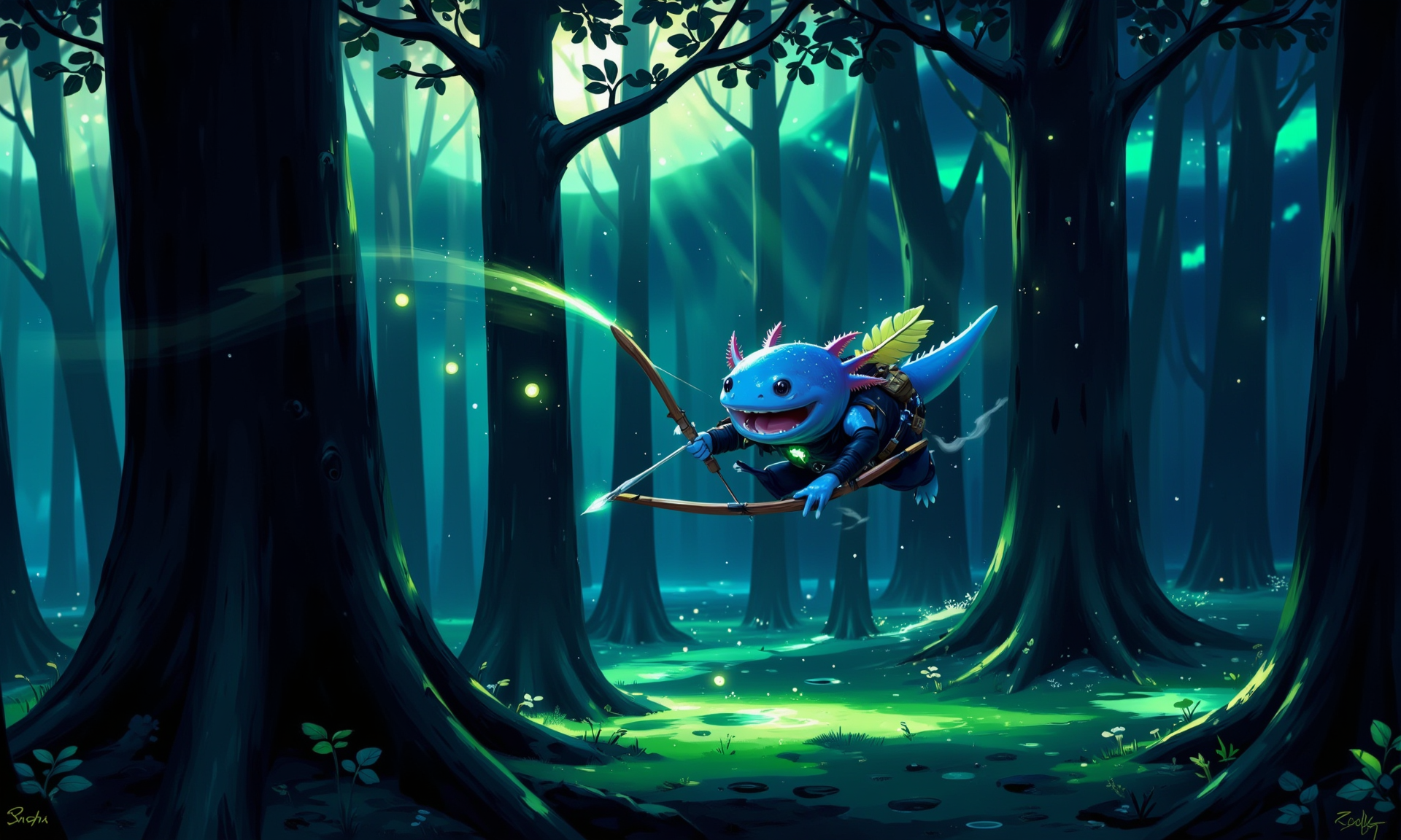 (digital artwork in the style of ckgf:1.25), (axolotl:0.9), dynamic action shot of an axolotl ranger leaping between glowing treetops in a dense, bioluminescent forest, its small bow drawn taut with an arrow glowing faintly green; glowing spores drift in the air around it, while faint moonlight filters through the dense canopy above; the motion blur of its leap adds a sense of speed and urgency as it focuses intently on an unseen target ahead<lora:Axomodel_Flux_V1.1.safetensors:0.9:0.9> <lora:ck-Goro-Fujita-000019.safetensors:1.25:1.25> <lora:PCB_Image_Enhancer_for_FLUX.safetensors:0.5:0.5>