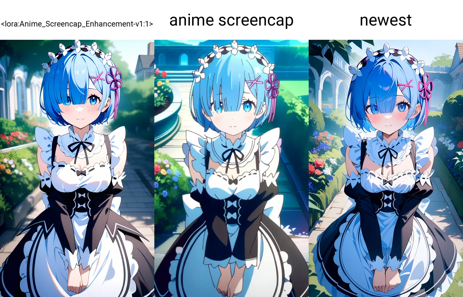 (masterpiece), (best quality), newest, (intricate details, very aesthetic), good hands, <lora:Anime_Screencap_Enhancement-v1:1> fine_ascxl, 1girl, rem \(re:zero\), re:zero kara hajimeru isekai seikatsu, blue hair, maid, maid headdress, outdoors, garden, looking at viewer, v arms, light smile, looking at viewer, solo focus <lora:sd_xl_dpo_lora_v1:1>