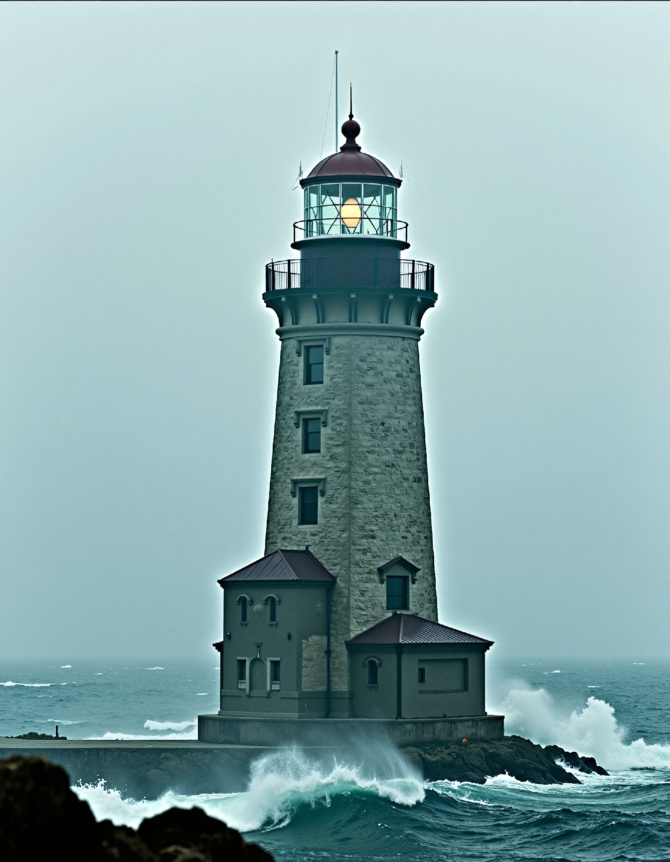 A photograph of a sturdy, towering lighthouse standing steadfast against a dramatic seascape, its rugged exterior and mist-shrouded windows rendered in sharp relief by the soft, diffused light that washes over it from the turbulent ocean below, with visible coarse film grain that adds texture and depth to the image, capturing the intense mood and atmosphere of this isolated coastal landmark.