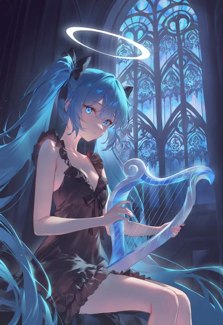 m1j1sty111, masterpiece, best quality, newest, absurdres, highres, hatsune miku, indoors, close-up, cathedral, stained glass, window, moonlight, light rays, twilight, night, light particles, blue theme, aqua theme, black theme, (dark theme:1.4), (dim lighting:1.4), sitting, alternate costume, black nightgown, hair bow, black bow, frills, bare arms, blue eyes, blue hair, expressionless, silver, looking at viewer, resting, bloom, glowing, blurry, white halo, glowing halo, playing instrument, harp
<lora:artist_blackmeow_mijiblack_vpred:1>