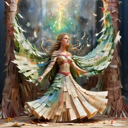 An open tome with an ethereal (woman made up of pages) dressed like a warrior rising from the pages, embodying noble character surrounded by symbols of grace strength and magic
PaperCutout style, endposit_notesmorph, paper sticky notes,  made from 3m post it notes, post it notes, paper texture