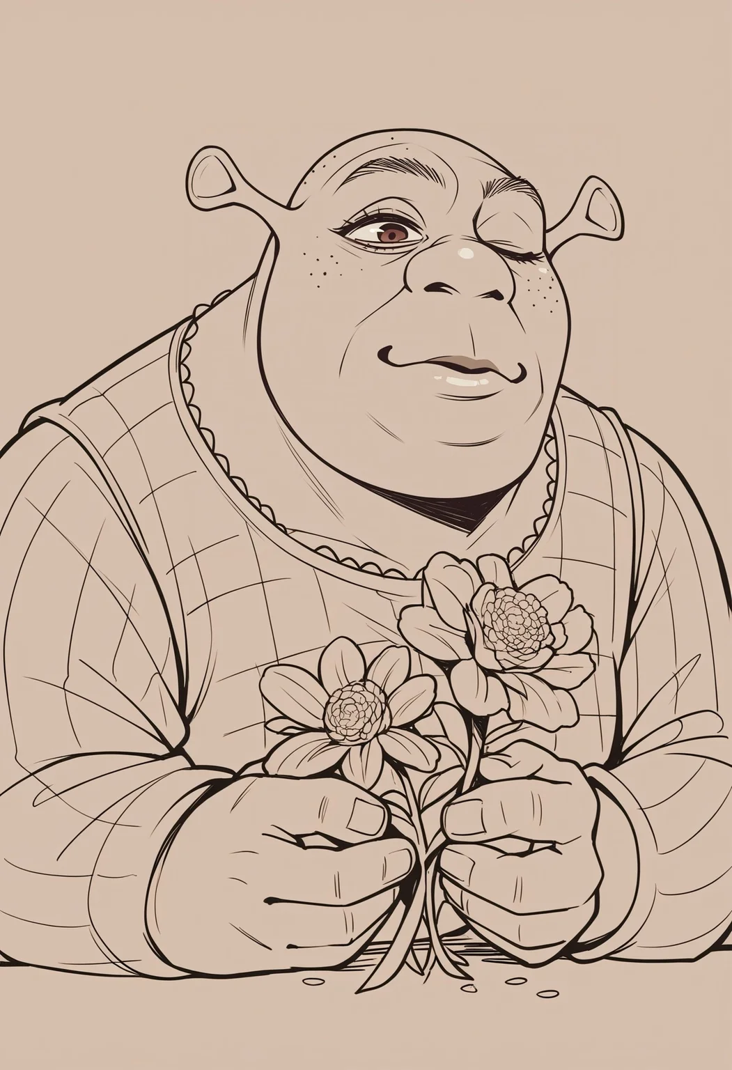 , score_9, score_8_up,score_7_up, source_furry, source_ anime, lineart, sketch, shrek, skin, holding flower, one eye closed, imminent kiss, kiss
<lora:Potat-lineart_sketch_v1-USENEG:-0.85> <lora:Shrek_XLPD:0.8>