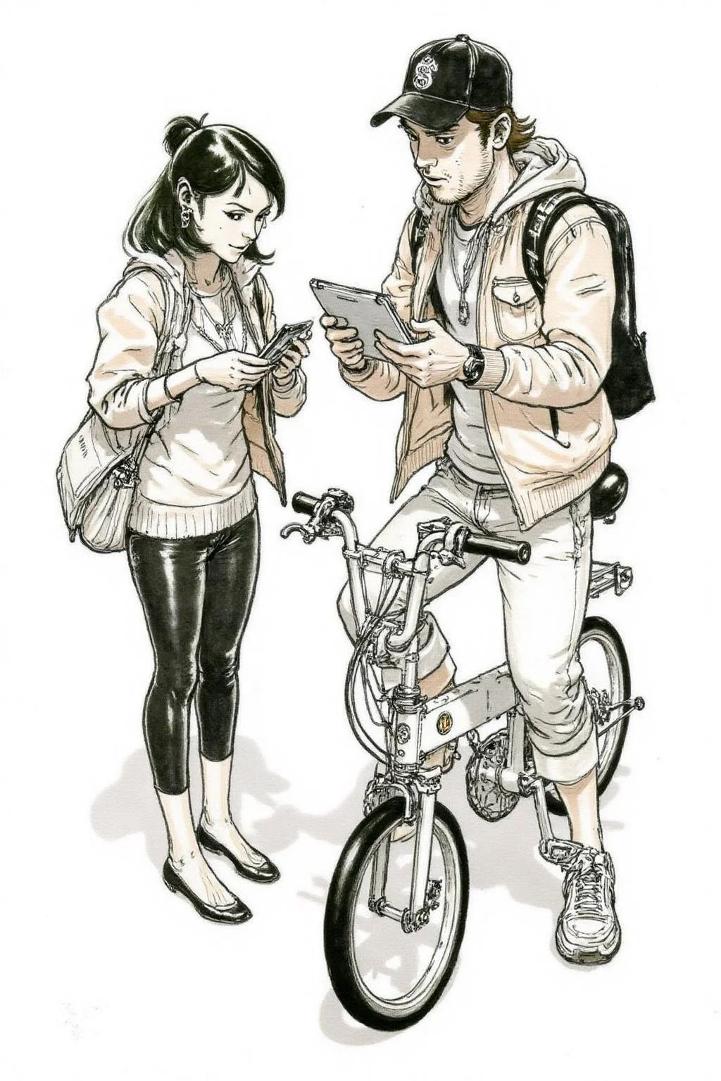 kj9 illustration.
a woman and a man, standing together in a casual setting. The man is sitting on a small electrical bicyble, and is asking for direction. He hold a small tablet. The woman is looking at the tablet. <lora:kj91_cap_d6a3e12:1.0><lora:819920372465072950:0>