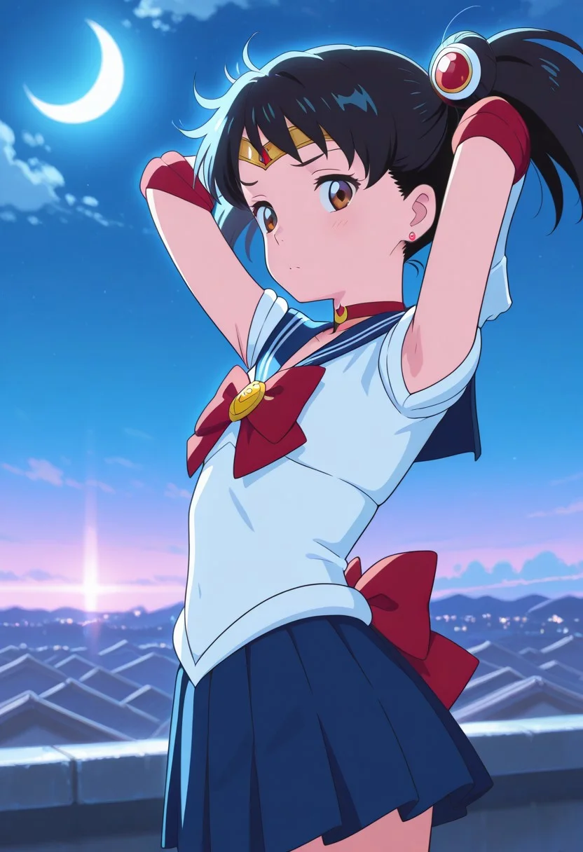 masterpiece, best quality, amazing quality, cinematic lighting, gradient colors, raytracing anime style,high detail, dramatic angle, dramatic light, aijalon, Shinkaistyle,
BREAK,
1girl, solo, c7ilf, miyamizu_yotsuha, brown eyes, flat chest, black hair, twintails, messy hair, short_hair,
<lora:sailor-moon-cosplay-illustriousxl-lora-nochekaiser:1>, sailormooncosplay, sailor moon (cosplay), back bow, blue sailor collar, blue skirt, bow, brooch, choker, crescent moon, elbow gloves, gloves, jewelry, magical girl, pleated skirt, red bow, red choker, ribbon, sailor collar, sailor senshi uniform, skirt, white gloves,
arched back, arms behind head ,looking at viewer,
outdoors, rooftop, city, night moon, clouds,
detailed background, depth of field, close-up, top body, moonlight, side view, close-up,low angle