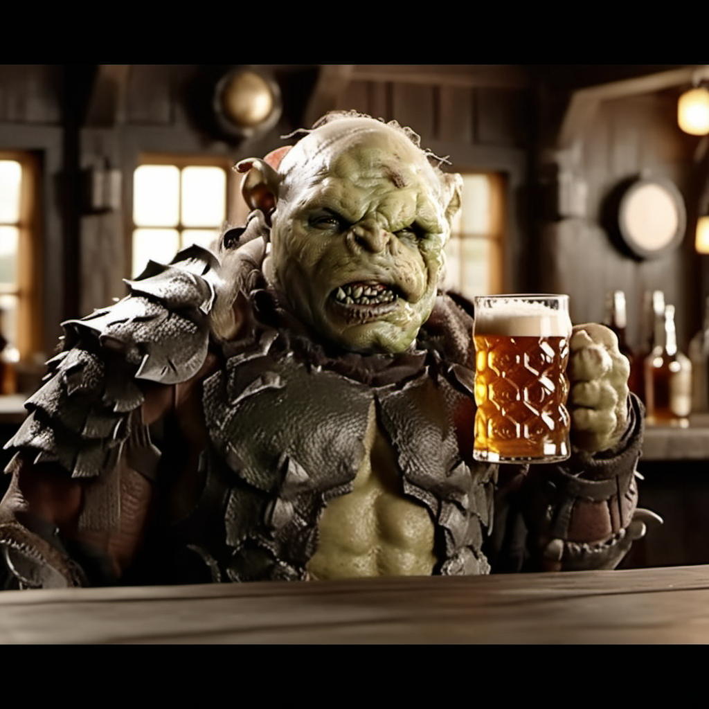 Orc1024, an orc drinking beer in a pub , highly detailed, photography, ultra sharp, film, bokeh, professional, 64k  <lora:Orc1024:0.8>