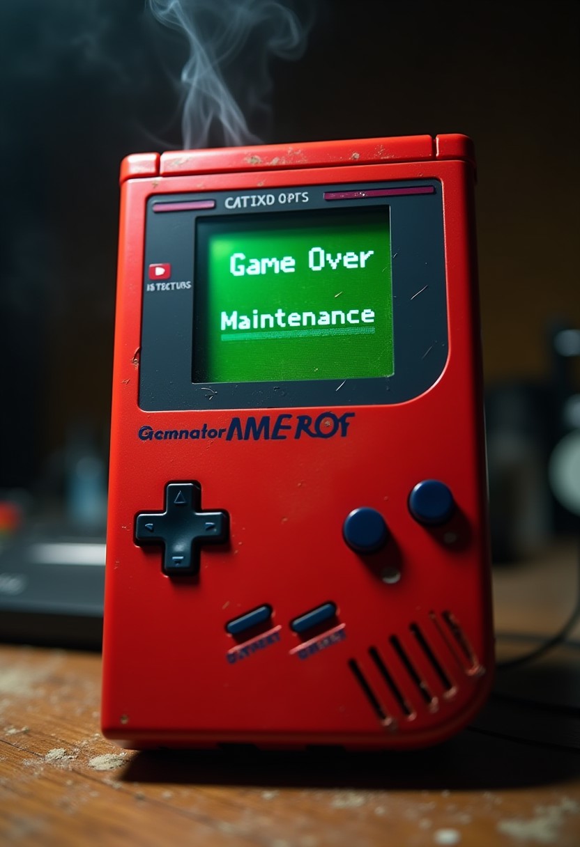 A red gameboy with a glitched 8-bit green and black screen. The game boy looks old with a few small cracks witha bit of smoke stemming from it. The game screen has game font "Game Over Maintenance" in the middle with a glitched computer border on the screen on the gameboy. background is a wooden desk with dust