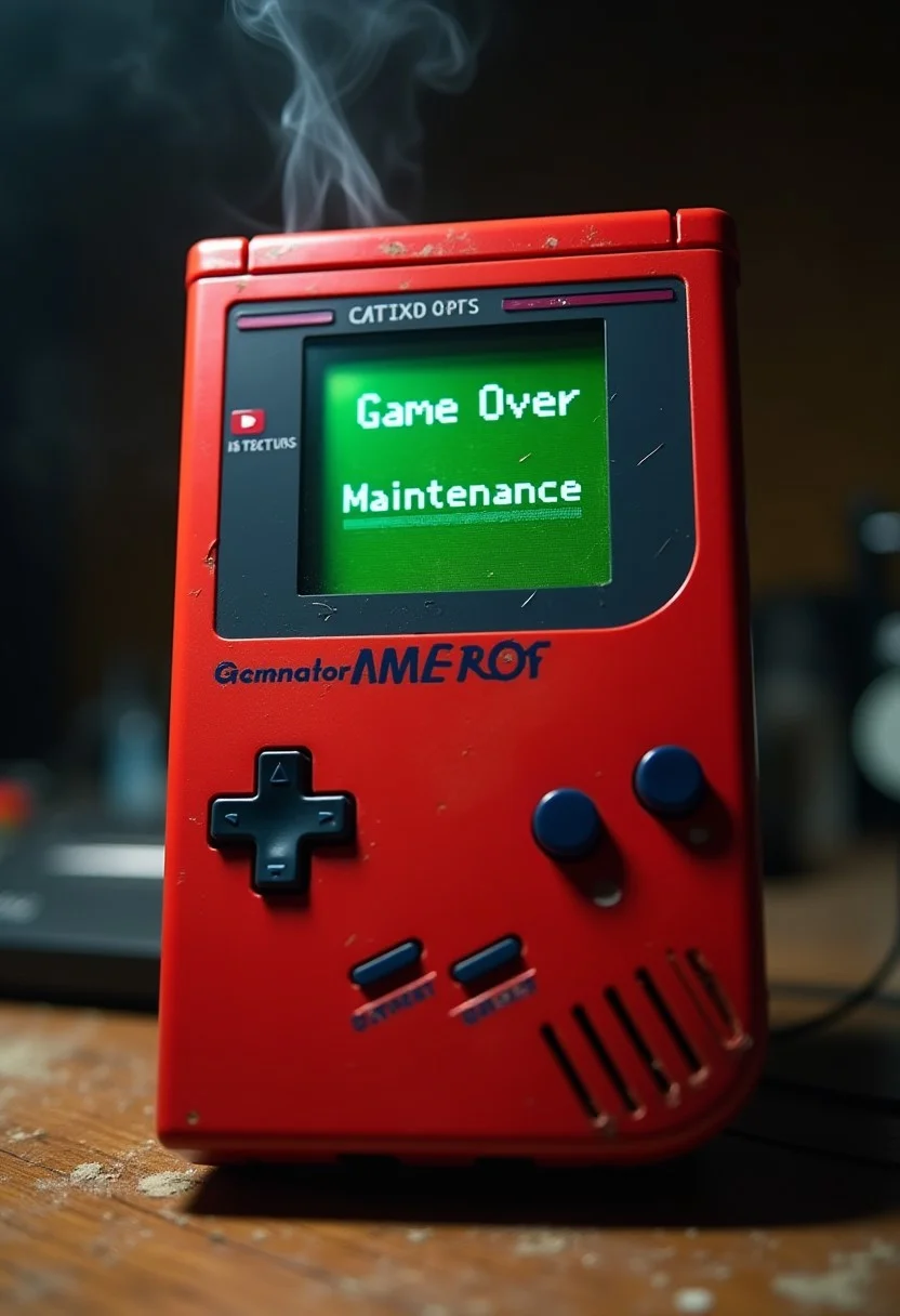 A red gameboy with a glitched 8-bit green and black screen. The game boy looks old with a few small cracks witha bit of smoke stemming from it. The game screen has game font "Game Over Maintenance" in the middle with a glitched computer border on the screen on the gameboy. background is a wooden desk with dust