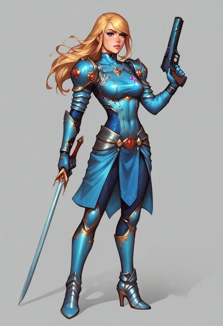 Beauty Samus Aran girl from game Metroid, slim long body, pale skin, slim stomach, long blonde hair, ultra detailed beauty faces, full body, action pose, big brightness blue eyes,
(((full-clothed medieval armor))), ((long sword in hands, steel gun in hands))
BREAK
strange world background score_9, score_8_up, score_7_up, score_6_up, source_cartoon, rating_explicit, Expressiveh, ((full body)), dynamic pose
