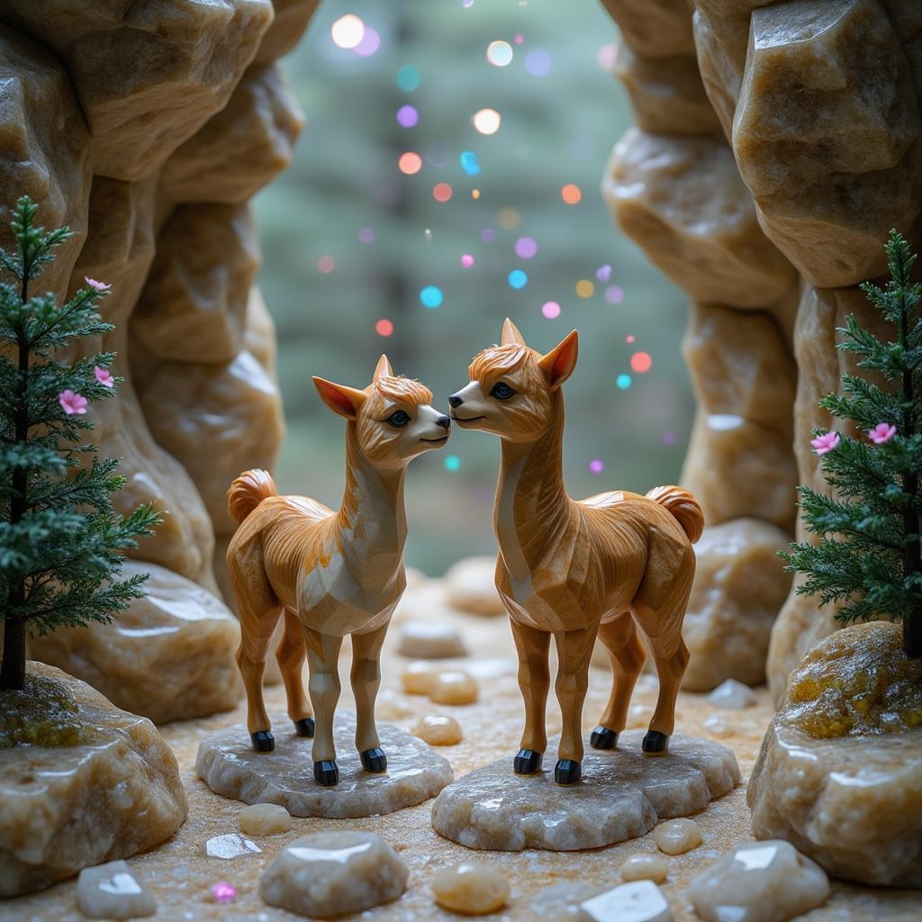 <lora:ck-polygon-gems-0019.safetensors:1> a crafted gemstone model in the style of cklg featuring a
In the heart of a whimsical crevice, two alpacas stand amidst a surreal, dancing landscape. Their light brown fur, speckled with white underbellies and dark noses, contrasts vividly against the rugged, earthy rocks. The rocks themselves seem to pulse with life, their surfaces illuminated by a kaleidoscopic array of colors.
Suddenly, a flurry of vibrant, colorful flowers rains down from the sky, each petal shimmering as it floats gently to the ground. The alpacas, caught in this moment of unexpected joy, lift their heads, their eyes wide with wonder. The smaller alpaca, standing on all fours, playfully nuzzles the larger one, as if inviting a spontaneous dance.
The green shrub at the crevice’s entrance bursts into a riot of foliage, its leaves shimmering with a metallic sheen. Musical notes, visible as shimmering, airborne shapes, float through the air, weaving a melodic tapestry around the alpacas. A burst of fireworks erupts in the distance, casting a radiant glow that bathes the entire scene in a kaleidoscopic light.
The atmosphere is electric with excitement and creativity, as if the very elements are celebrating the unbridled joy and spontaneity of the moment. The alpacas, now part of this magical dance, seem to smile, their eyes reflecting the vibrant, dynamic colors that surround them.