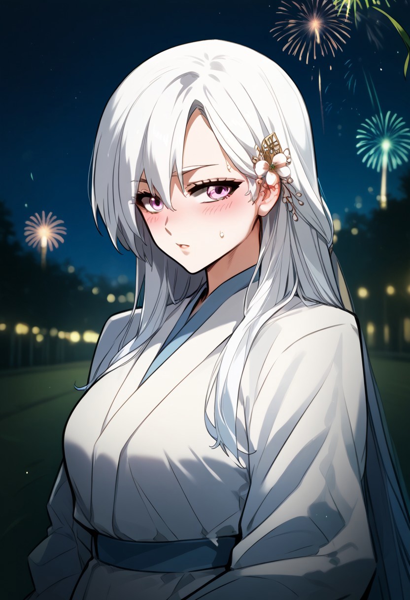 zPDXL3, score_9_up, score_8_up, score_7_up, (Anime_source), 1girl, WhiteCrane, radiant eyes, white hair, long hair, WCS clothes, cowboy shot, little blush, looking at viewer, rimlight, night, fireworks, depth of field