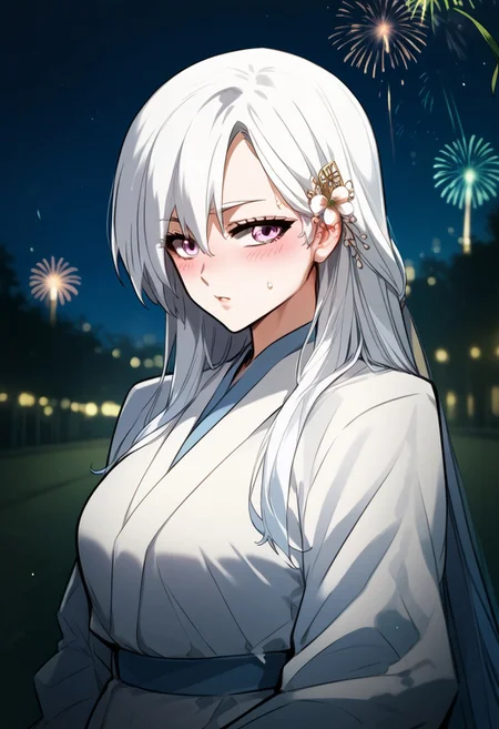zPDXL3, score_9_up, score_8_up, score_7_up, (Anime_source), 1girl, WhiteCrane, radiant eyes, white hair, long hair, WCS clothes, cowboy shot, little blush, looking at viewer, rimlight, night, fireworks, depth of field