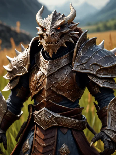 Dungeons and Dragons fantasy figure dragonborn outside in field, realistic, intricate details, highly detailed, high quality, sharp focus Professional photography, natural lighting, a masterpiece, dark fantasy, dynamic lighting, hyperdetailed, intricately detailed, Splash screen art, trending on Artstation, deep color, Unreal Engine, volumetric lighting