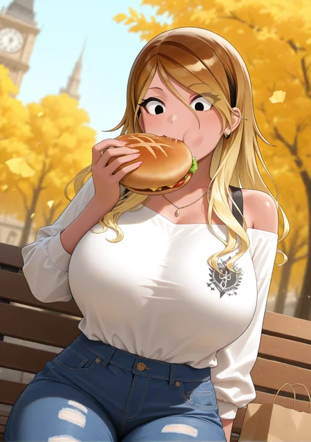 masterpiece, best quality, absurdres, perfect lighting,shiny skin,<lora:StS-Illustrious-Detail-Slider-v1.0:3>,<lora:illustrious_noobai_epsilon_pred_1_best_quality_v1:1>,1girl,huge breasts,izumi mei,dark skin,long hair, black eyes,gyaru,<lora:izumi mei:0.9>,print shirt,off shoulder,shoulder strap,jeans,necklace,french bread,eating,food bite,constricted pupils, crazy, depth of field, street,day,clock tower,nature,blue sky, sitting, bench,earphones,cowboy shot,dutch angle,looking down,autumn leaves, paper bag