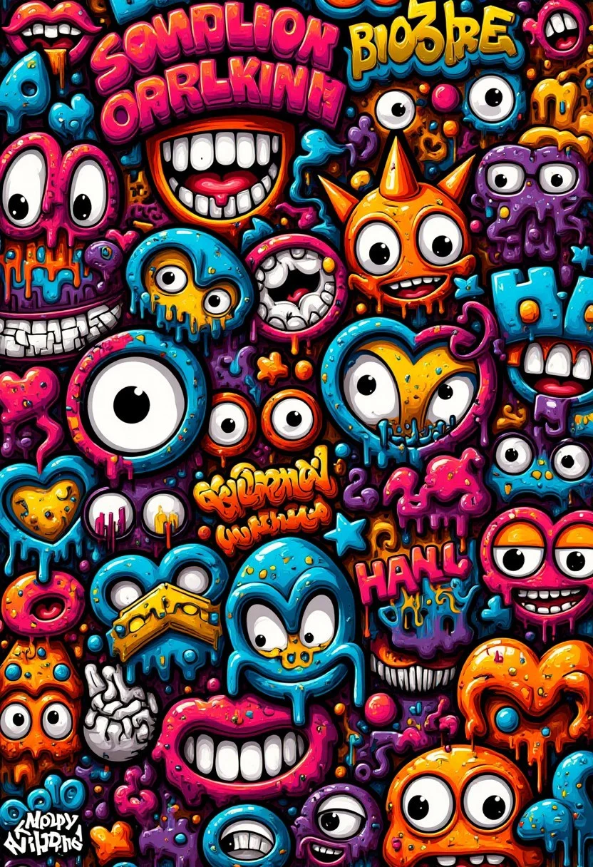 Stylized digital graffiti artwork, An intricate and colorful graffiti-style poster featuring various elements, such as cartoon characters, symbols of urban culture, and dynamic expressions, focusing on faces.