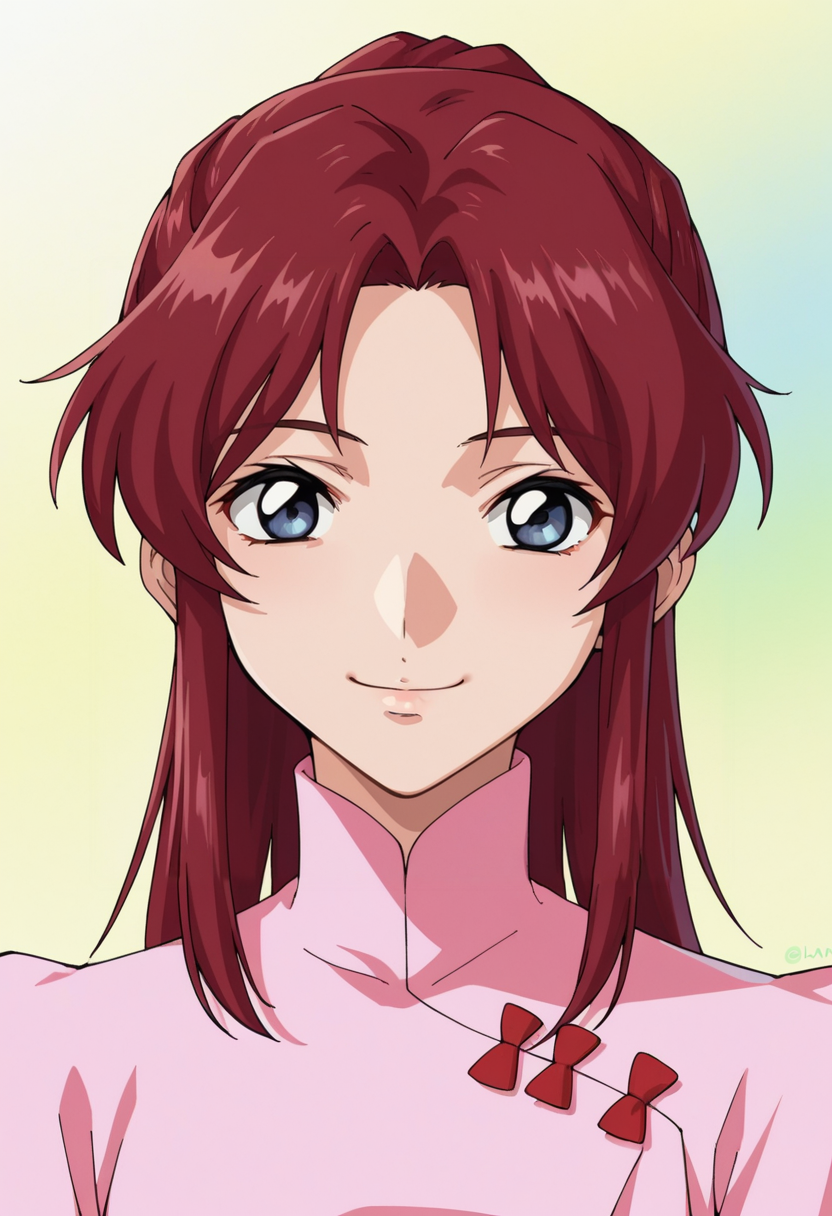 score_9,score_8_up,score_7_up,score_6_up,score_5_up,score_4_up,anime coloring,source_anime,<lora:Flay_Allster_Gundam_SEED_Pony:0.8>,flay,1girl,solo,grey eyes,red hair,high ponytail,pink dress,smile,multicolored background,(portrait),upper body,looking at viewer,
