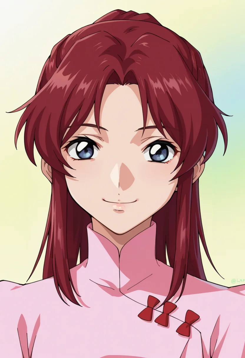 score_9,score_8_up,score_7_up,score_6_up,score_5_up,score_4_up,anime coloring,source_anime,<lora:Flay_Allster_Gundam_SEED_Pony:0.8>,flay,1girl,solo,grey eyes,red hair,high ponytail,pink dress,smile,multicolored background,(portrait),upper body,looking at viewer,