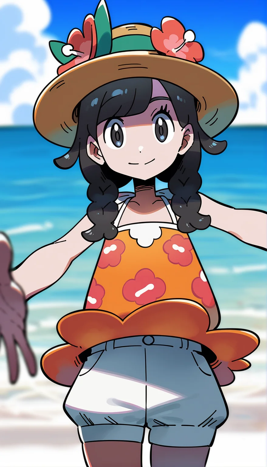 score_9,score_8_up,score_7_up,
highres,highly detailed,
<lora:selene>,pm_selene,
1girl,
solo,black hair,bangs,twin braids,
grey eyes,looking at viewer,smile,
straw hat with flower decoration,orange camisole,floral print,white shorts,white ribbon,
upper body,reaching out,
blurry background,simple background,outdoors,sea,