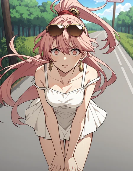 score_9,score_8_up,score_7_up,
(summer dress:1.5),looking at viewer,thighs,cowboy_shot,embarrass,leaning_forward,dusk,nature,road_sign,wind,
<lora:jialifu_pony:0.5>,jialifu,1girl,solo,eyewear on head,pink hair,sunglasses,long hair,earrings,ponytail,red nails,<lora:Anime_Screencap>,game cg,anime screencap,pastel_color,spot_color,hands_on_own_thighs,