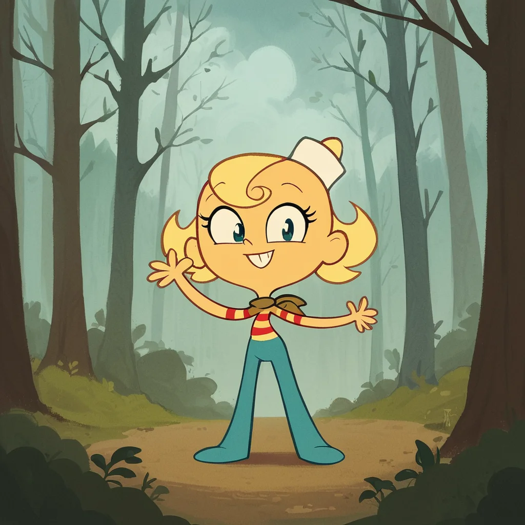 score_9, score_8_up, score_7_up, score_6_up, score_5_up, score_4_up, toon \(style\), FLPJCK, (forest:1.2), cloudy, 1girl, blonde hair, striped shirt, scarf, hat, blue pants, full body, smile<lora:flpjckv2-50:1>
