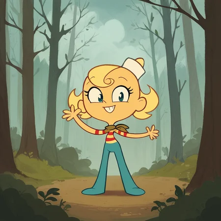 score_9, score_8_up, score_7_up, score_6_up, score_5_up, score_4_up, toon \(style\), FLPJCK, (forest:1.2), cloudy, 1girl, blonde hair, striped shirt, scarf, hat, blue pants, full body, smile<lora:flpjckv2-50:1>