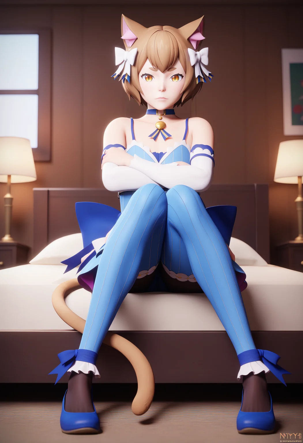 score_9, score_8_up, score_7_up, BREAK,
<lora:FelixXL-000001:1>,1boy,solo,animal ears, hair bow, cat ears, brown hair, short hair, bangs, sleeveless dress, brown eyes, white bow, blue choker, bare shoulders,thick eyebrows, detached sleeves, looking at viewer, dress bow, pendant, cat tail, black pantyhose, arm ribbon, standing, slit pupils, frwn, eyelashes, :3, thighhighs over pantyhose, blue footwear, ankle ribbon, blue thighhighs, otoko no ko, striped thighhighs,
on back, arms behind head,
indoors, bedroom, sitting,crossed arms,
3d,<lora:nyl2-guy-PONYv1:1>