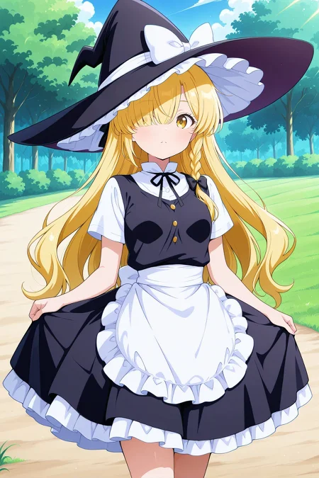 absurdres, highres, masterpiece, best quality, amazing quality, official anime artwork, screencap, anime screencap, outdoors, looking at viewer, light smile, dynamic pose, standing,
<lora:Marisa-Kirisame-PC98_Illustrious:1> Marisa98, 1girl, solo, yellow eyes, blonde hair hair, long hair, hair over one eye, sidelocks, small breasts,, witch hat, black hat, frilled hat, hat bow, white bow, hair ribbon, black ribbon, black shirt, white sleeves, short sleeves, waist apron, black skirt,