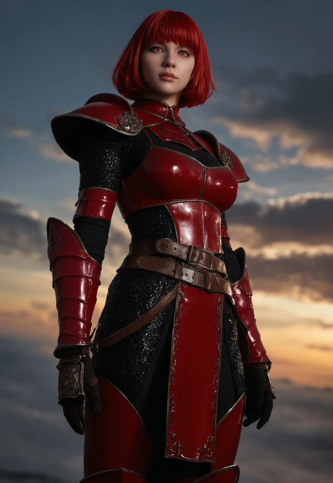 short hair, red eyes, red hair, belt, armor, gauntlets, pelvic curtain, armored boots, greaves, red armor, (thick lips:0.6), detailed and intricate, high-res, (defined lineart), colored art, (night, cloudy sky, windy), flat color background, BREAK, Expressiveh, (long shot), good_hands, painterly, faux traditional media, realistic, g0thicPXL, glowing, neon.
<lora:DynamicPoses:1>
<lora:DynamicPoses:1>
