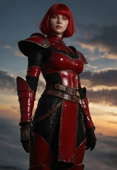 short hair, red eyes, red hair, belt, armor, gauntlets, pelvic curtain, armored boots, greaves, red armor, (thick lips:0.6), detailed and intricate, high-res, (defined lineart), colored art, (night, cloudy sky, windy), flat color background, BREAK, Expressiveh, (long shot), good_hands, painterly, faux traditional media, realistic, g0thicPXL, glowing, neon.
<lora:DynamicPoses:1>
<lora:DynamicPoses:1>