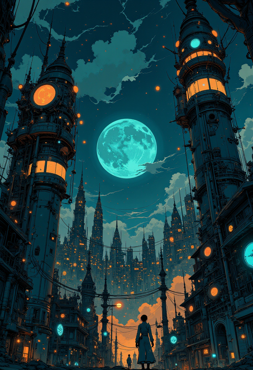 high quality, ultra detailed, colorful, fantasy, G0thicL1nes, a digital artwork depicting a futuristic, sci-fi cityscape at night, the scene is dominated by towering, cylindrical structures with intricate, futuristic designs, each adorned with glowing, neon lights that create a mesmerizing, ethereal glow, the structures are connected by series of cables and wires, and they form a complex network that runs through the center of the image, surrounding the structures, the cityscape is bustling with numerous buildings and structures, illuminated by a mix of bright, glowing lights, in the background, a large, moon-like planet is visible, partially obscured by the night sky, with stars twinkling in the distance, the sky is a deep blue, with a few wispy clouds scattered across it, the overall atmosphere is one of vastness and otherworldliness, with the futuristic cityscape taking center stage, the artwork uses a blend of realism and fantasy elements, creating a visually striking and immersive experience<lora:Ethereal_Brush_Anime_v1.0.safetensors:0.6:0.6> <lora:It's a LoRA for portraits, BUT! actually specialized in backgrounds. v1.0.safetensors:0.12:0.12> <lora:FluxMythG0thicL1nes.safetensors:0.6:0.6> <lora:Blue_Future.safetensors:0.9:0.9>