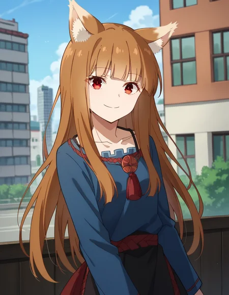 score_9, score_8_up, score_7_up, source_anime,
wolfholo, <lora:wolf-holo-alpha-ponyxl-lora-nochekaiser:1>
holo, red eyes, bangs, blunt bangs, sidelocks, animal ears, fox ears, brown hair, long hair,
dress, long sleeves, collarbone,
outdoors, cityscape, smile,
looking at viewer, cowboy shot, dutch angle,