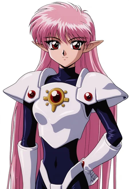 mkr style, 1girl, solo, pointy ears, long hair, pink hair, armor, red eyes, smile, 1990s (style), retro artstyle, white background, hand on hip, looking at viewer, bodysuit, breastplate, upper body, very long hair, simple background, anime coloring, 2d, flat coloring, cel shading, cel shaded BREAK PonyXLV6_Scores