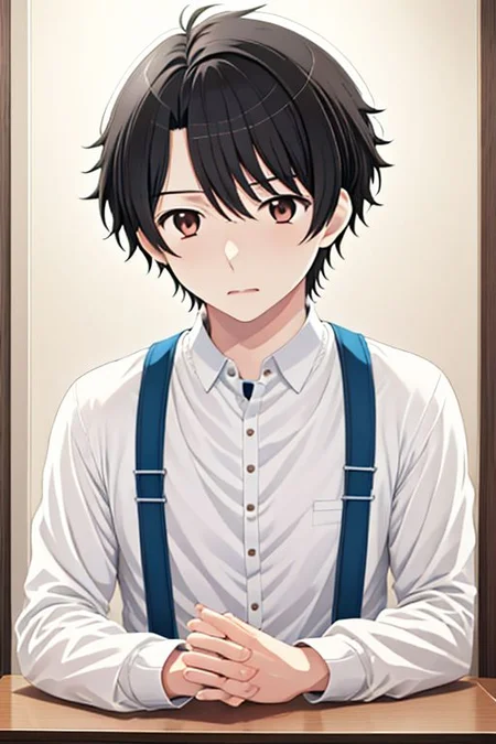 high resolution, solo, best quality, 1Boy, Inaho Kaizuka, Black hair, Brown Eyes, handcuff, introgation room, table, basement, fugitive, OverallDetail