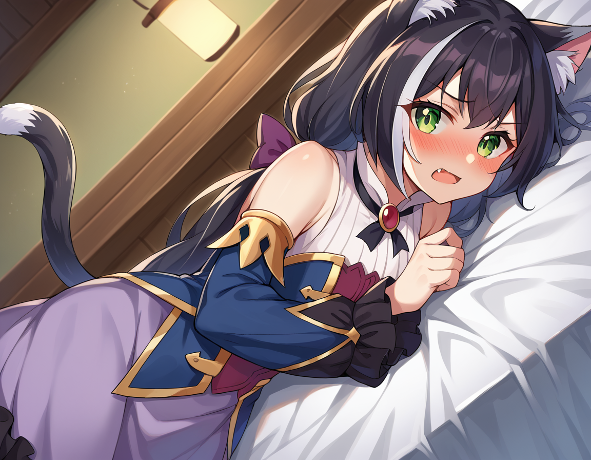 score_9, score_8_up, score_7_up, source_anime,
princessconnectkaryl, <lora:princess-connect-karyl-ponyxl-lora-nochekaiser:1>
karyl, animal ear fluff, animal ears, black hair, black ribbon, cat ears, cat girl, cat tail, fang, green eyes, hair bow, long hair, low twintails, multicolored hair, purple bow, ribbon, skin fang, streaked hair, tail, twintails, vertical stripes, white hair,
arm support, blue sleeves, bow, brooch, detached sleeves, dress, frilled sleeves, frills, multicolored clothes, multicolored dress, neck ribbon, sleeveless, sleeveless dress, striped,
indoors, bed, bed room, on side, blush, drunk,
looking at viewer, dutch angle, cowboy shot