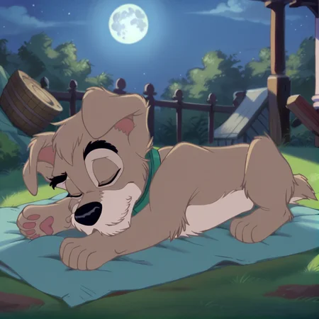 score_9, score_8_up, score_7_up, score_6_up, score_5_up, score_4_up, BREAK, <lora:Scamp1:1>, scampdog, no humans, two tone fur, dog, body fur, grey fur, solo, collar, animal focus, animal, outdoors, full body, night, moon, laying down, closed eyes, sleeping, puppy,
