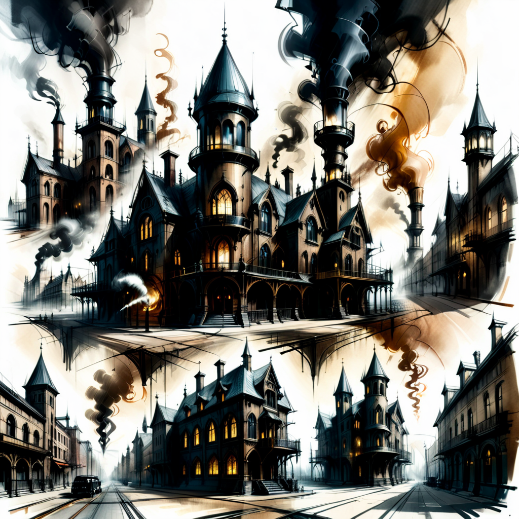 multi image, croquis ink, pale gothic building in a steampunk scenery at afternoon, smoke