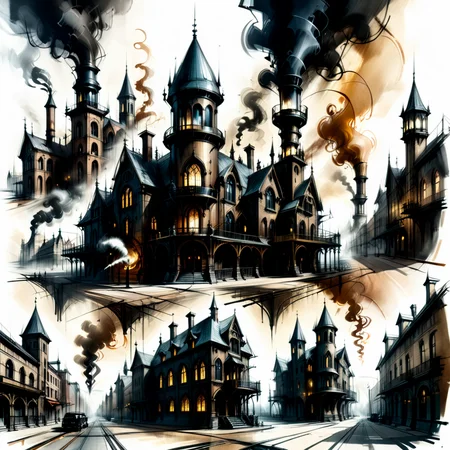 multi image, croquis ink, pale gothic building in a steampunk scenery at afternoon, smoke