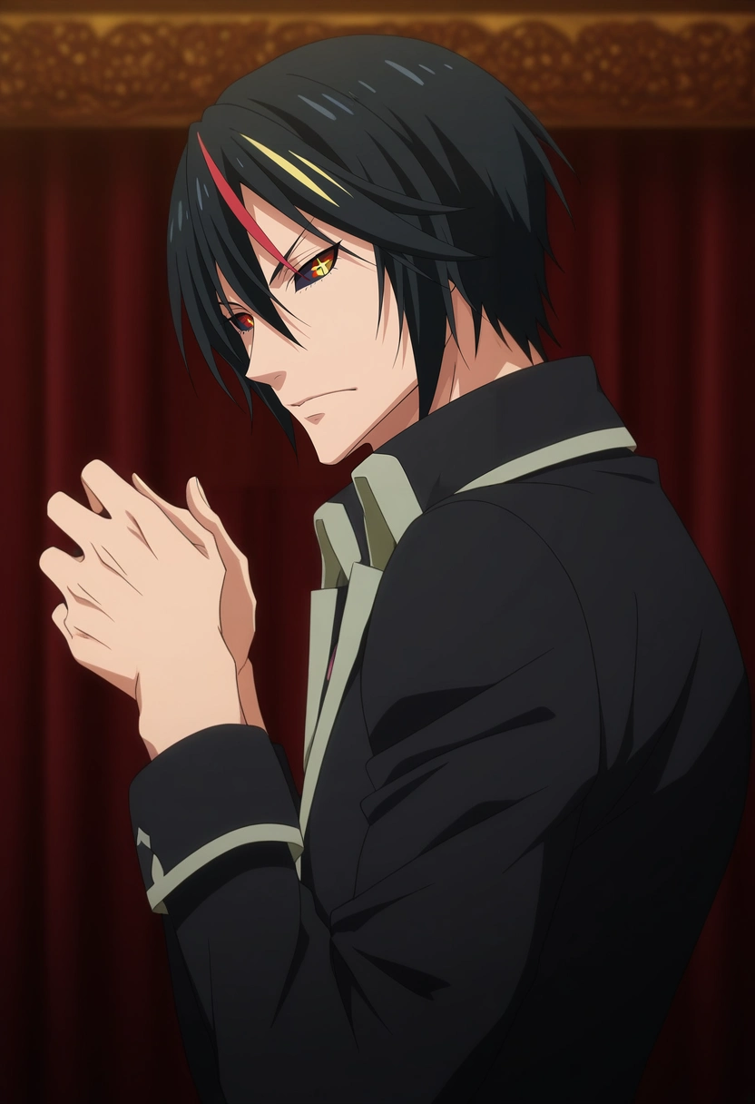 masterpiece, best quality, intricate details, anime screencap, anime coloring, official style, looking at viewer, 1boy, solo, male focus, <lora:diablo_tensura_ilxl:0.94>, diablo_tensura, black hair, yellow eyes, multicolored hair, streaked hair, red hair, hair between eyes, colored sclera, , from side, fuji mountain, midnight, w arms, sparkling eyes,