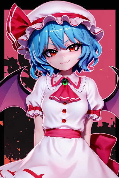 score_9, score_8_up, score_8, medium breasts, (curvy), cute, eyelashes, BREAK, , zzRemilia, red eyes, blue hair, short hair, hat, ribbon, pink dress, wings, ascot, hat ribbon, bat wings, short sleeves, frills, puffy sleeves, smile, smug, <lora:Remilia_Touhou_PDXL:0.8>, BREAK, smile, closed mouth, hands behind back, head tilt, looking at viewer, cowboy shot, ,,, embedding:zPDXL, Expressiveh, ,,, <lora:Zy0n7_PDXL:0.8>, <lora:SDXLFaeTastic2400:0.5>, <lora:Expressive_H-000001:0.4>,