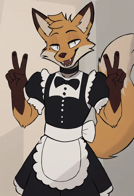 zPDXL3, <lora:Balthy-20:1>, balthy, v sign, 1boy, black bow, black bowtie, black choker, black dress, body fur, bow, bowtie, buttons, choker, cowboy shot, crossdressing, fangs, fox boy, fox ears, fox tail, frilled apron, frills, furry, furry male, holding,, looking at viewer, maid, maid apron, male focus, mole, mole under eye, puffy short sleeves, puffy sleeves, short sleeves, smile, solo, standing, tail, teeth, waist apron, white apron, white eyes, white fur, orange fur