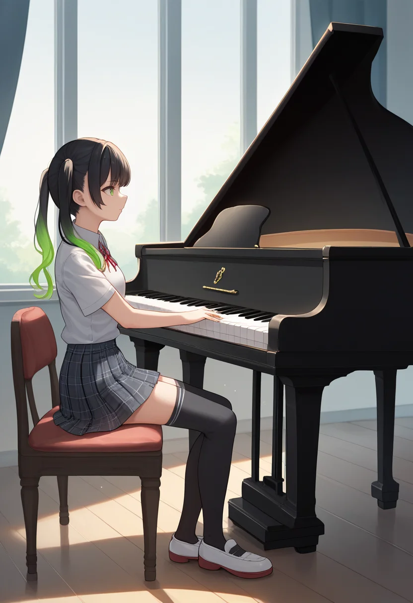 score_9, score_8_up, score_7_up, source_anime BREAK 1girl, solo, <lora:grandpiano-concept-richy-v1_pdxl:1> grand piano, sitting, bangs, skirt, shirt, black hair, thighhighs, twintails, sitting, school uniform, green eyes, white shirt, short sleeves, multicolored hair, green hair, shoes, collared shirt, black thighhighs, long hair, from side, two-tone hair, zettai ryouiki, plaid, gradient hair, plaid skirt, summer uniform, school uniform,