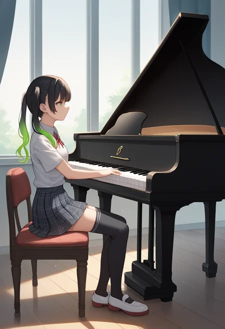 score_9, score_8_up, score_7_up, source_anime BREAK 1girl, solo, <lora:grandpiano-concept-richy-v1_pdxl:1> grand piano, sitting, bangs, skirt, shirt, black hair, thighhighs, twintails, sitting, school uniform, green eyes, white shirt, short sleeves, multicolored hair, green hair, shoes, collared shirt, black thighhighs, long hair, from side, two-tone hair, zettai ryouiki, plaid, gradient hair, plaid skirt, summer uniform, school uniform,